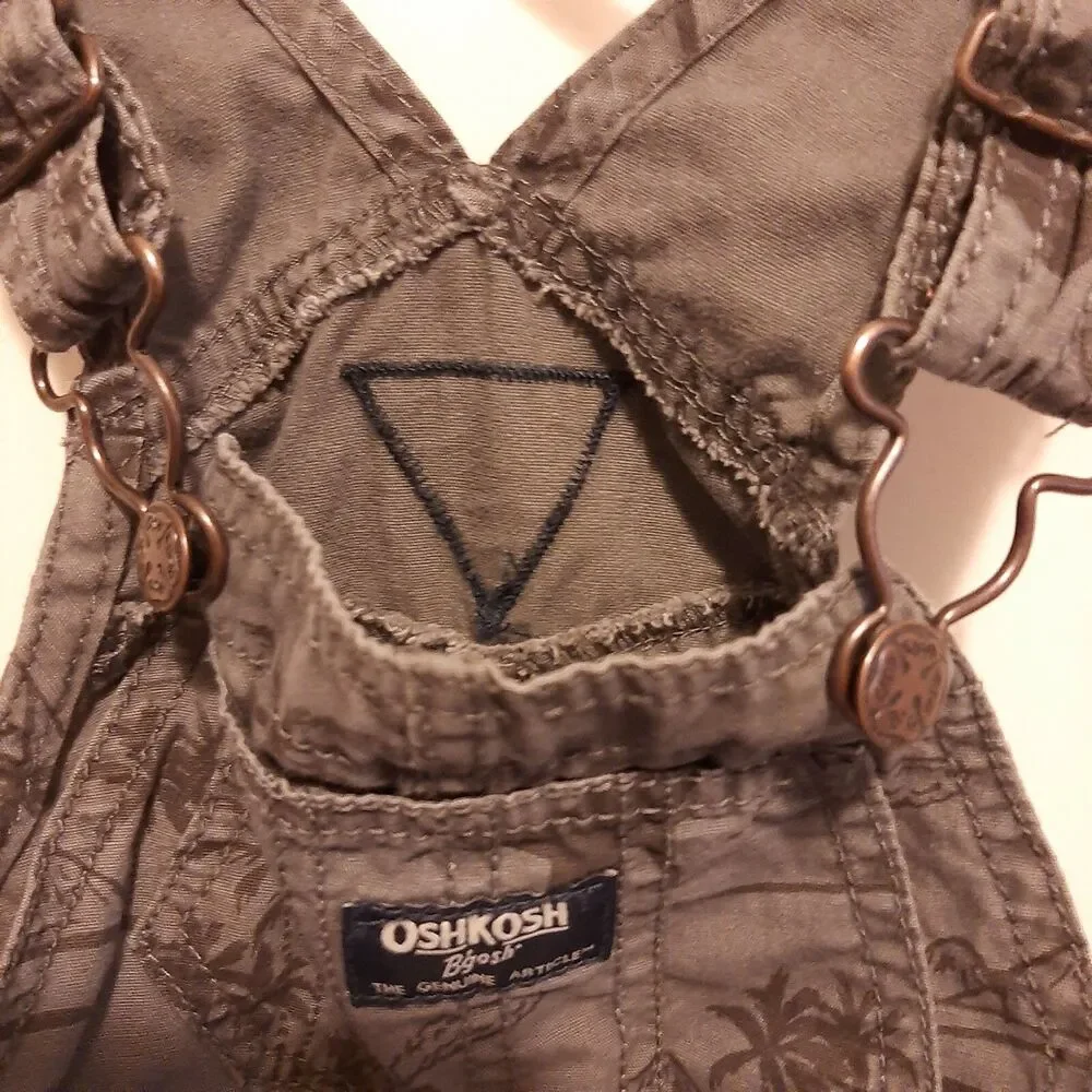 OshKosh B'Gosh 6M Bib Overall Shorts gray Dinosaurs/Palm Trees snap bottom